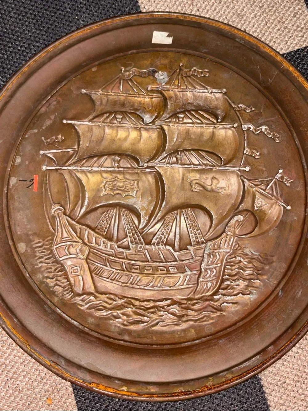 Vintage Pirate Ship Brass plate Embossed Wall Art 14x14 w/Patena Nautical